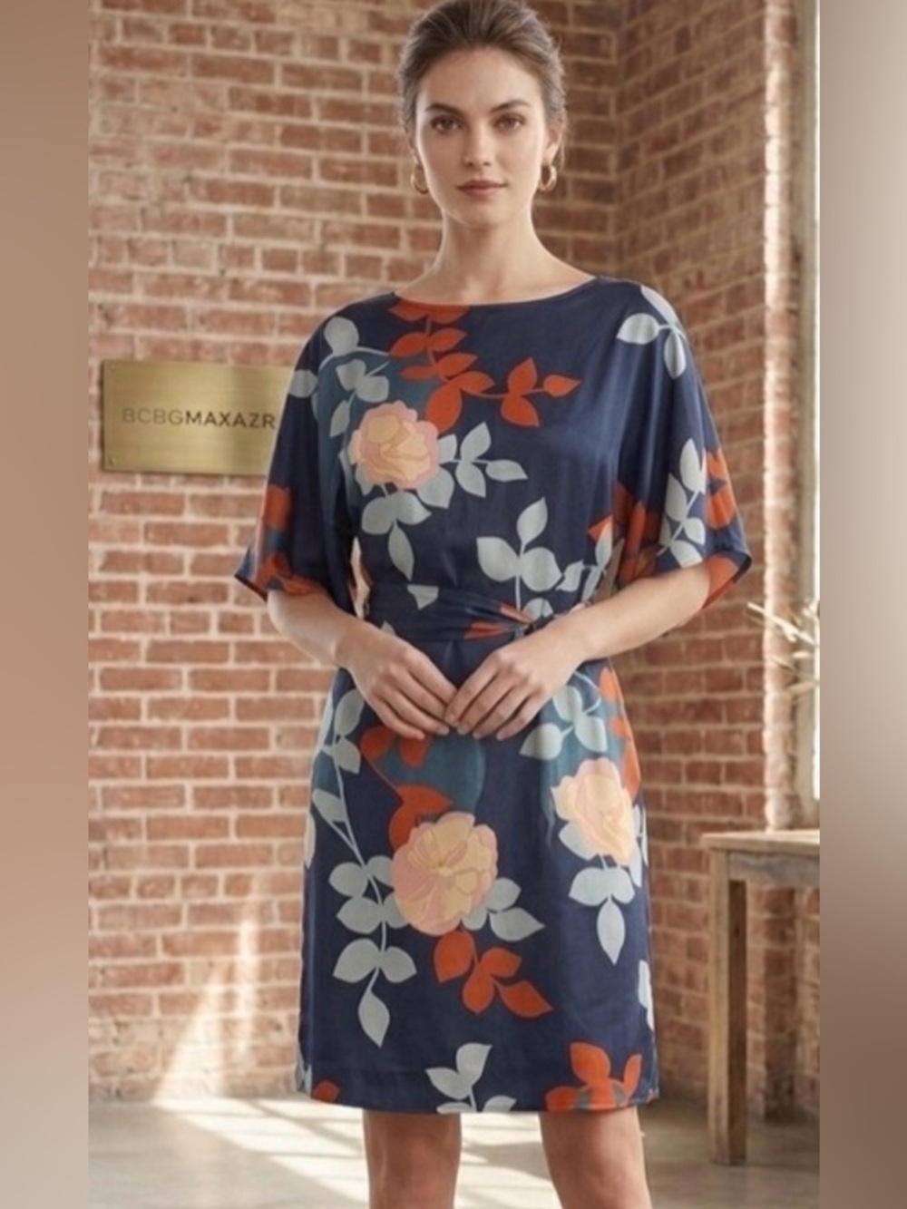 BCBGMAXAZRIA Floral Kimono Sleeve Silky Tie Waist Dress Size Small